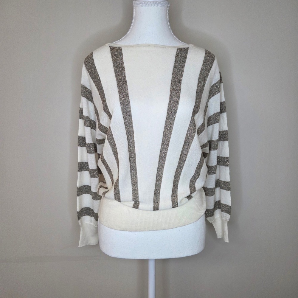 Trina Turk Cream‎ Gold Metallic Striped Merino Wool Blouse Sweater Size S